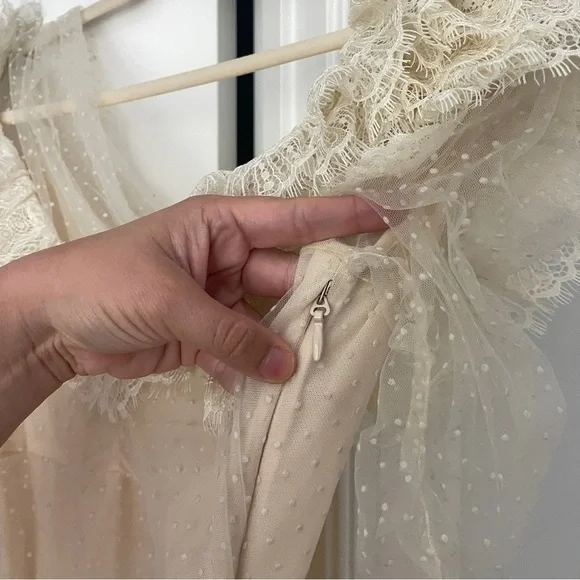 House of CB SORREL Ivory Lace Frill Mini Dress sheer Long Sleeve Polka Dot House of CB SORREL Ivory Lace Frill Mini Dress sheer Long Sleeve Polka Dot